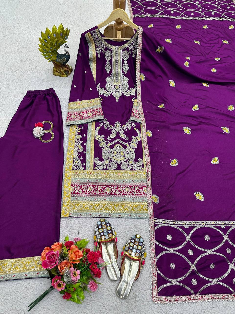 Latest Wine Color Wedding Wear Chinon Silk Sequence Thread Work Salwar Suit