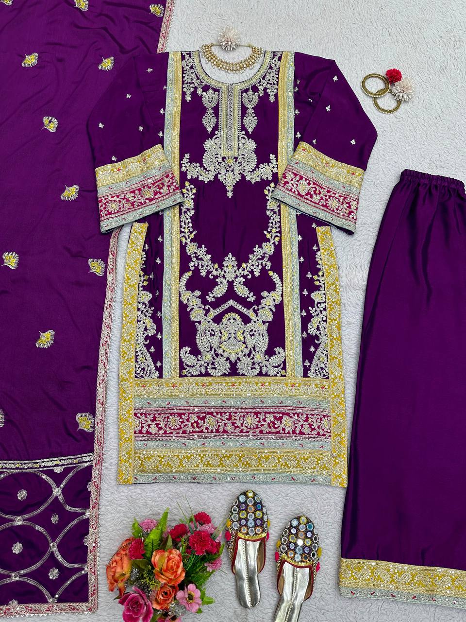 Latest Wine Color Wedding Wear Chinon Silk Sequence Thread Work Salwar Suit