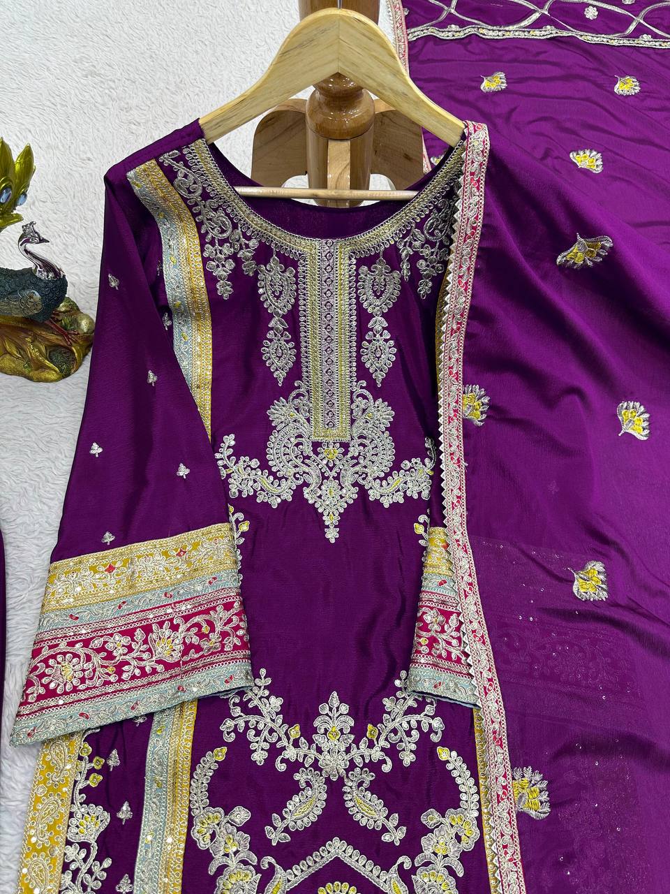 Latest Wine Color Wedding Wear Chinon Silk Sequence Thread Work Salwar Suit