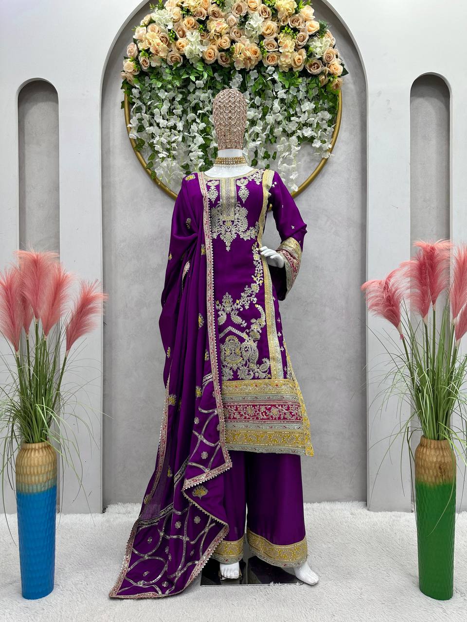 Latest Wine Color Wedding Wear Chinon Silk Sequence Thread Work Salwar Suit