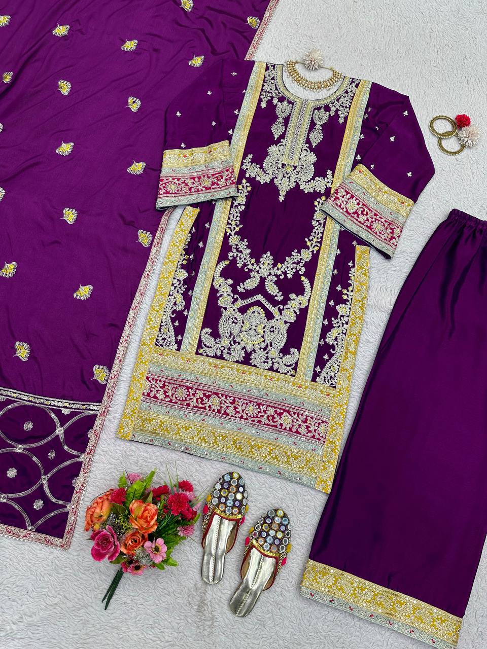 Latest Wine Color Wedding Wear Chinon Silk Sequence Thread Work Salwar Suit