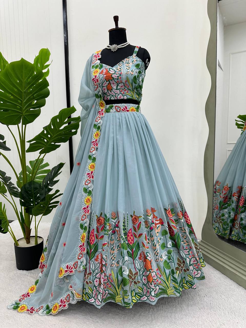 Trendy Grey Color Organza Multi Thread Work Lehenga Choli