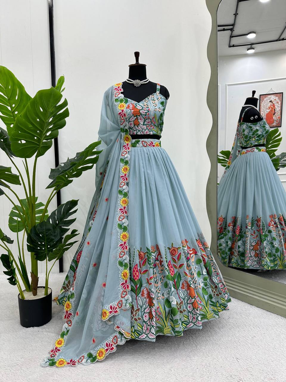 Trendy Grey Color Organza Multi Thread Work Lehenga Choli