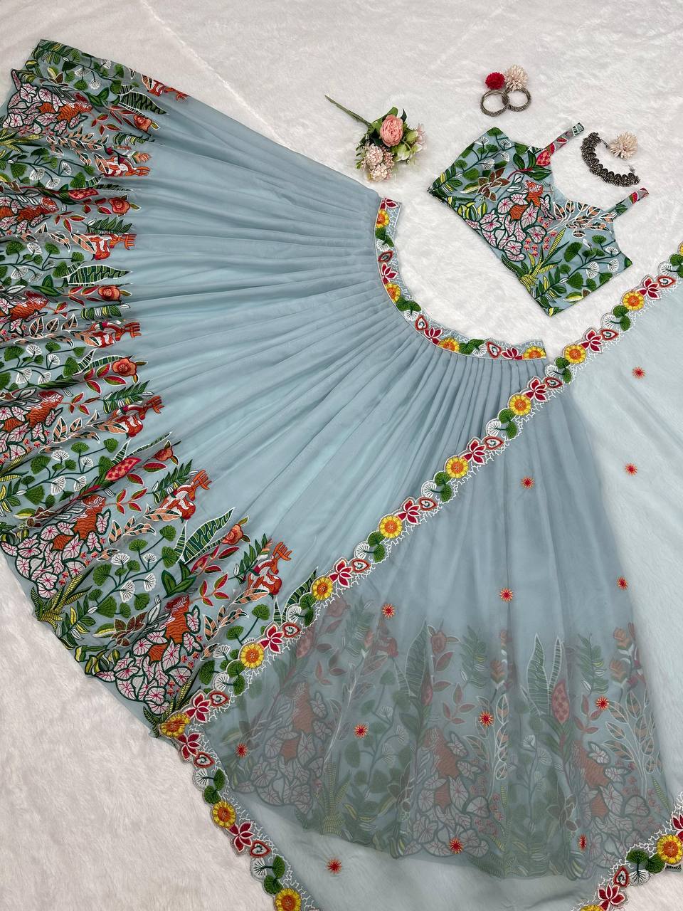 Trendy Grey Color Organza Multi Thread Work Lehenga Choli