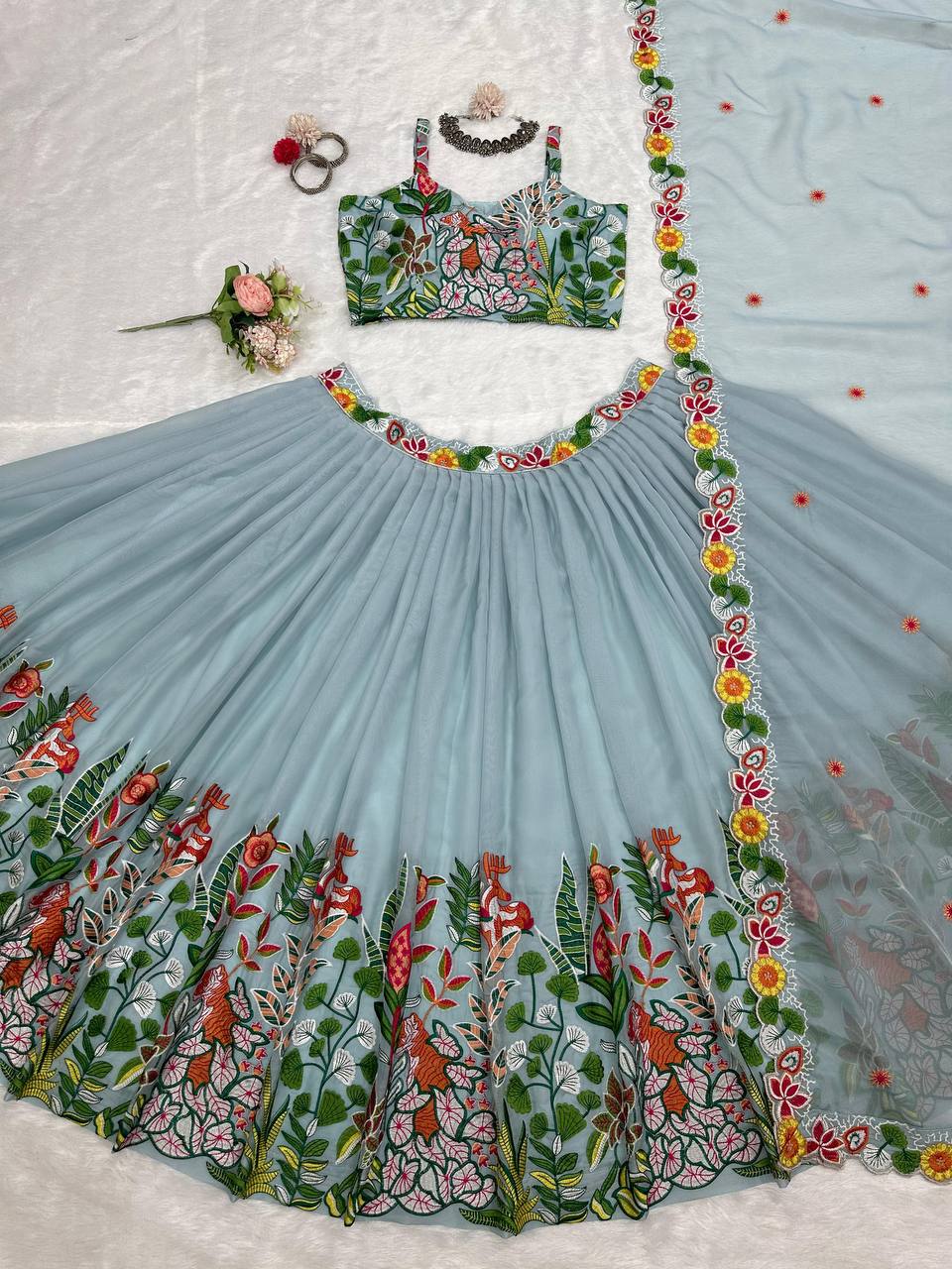 Trendy Grey Color Organza Multi Thread Work Lehenga Choli