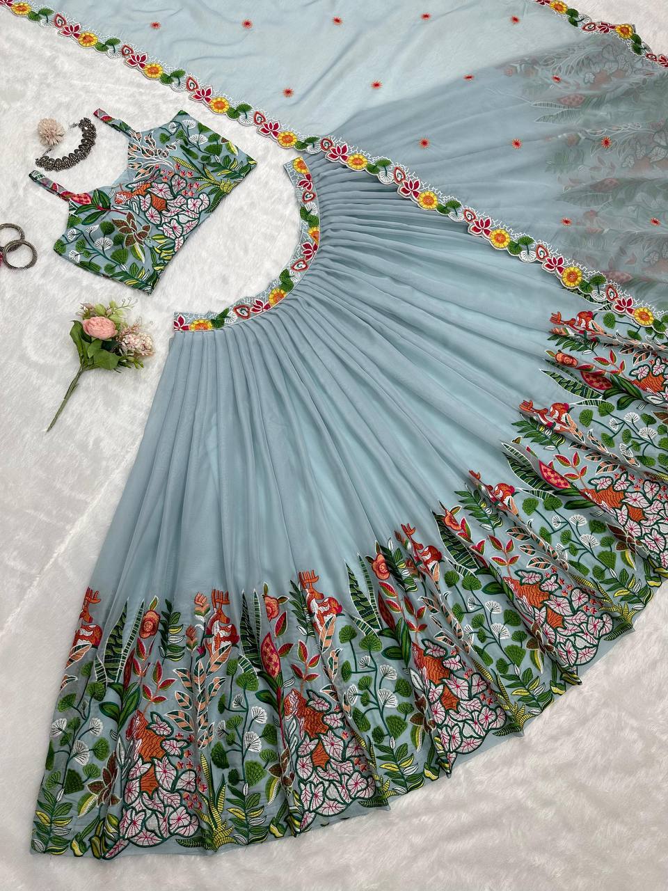 Trendy Grey Color Organza Multi Thread Work Lehenga Choli