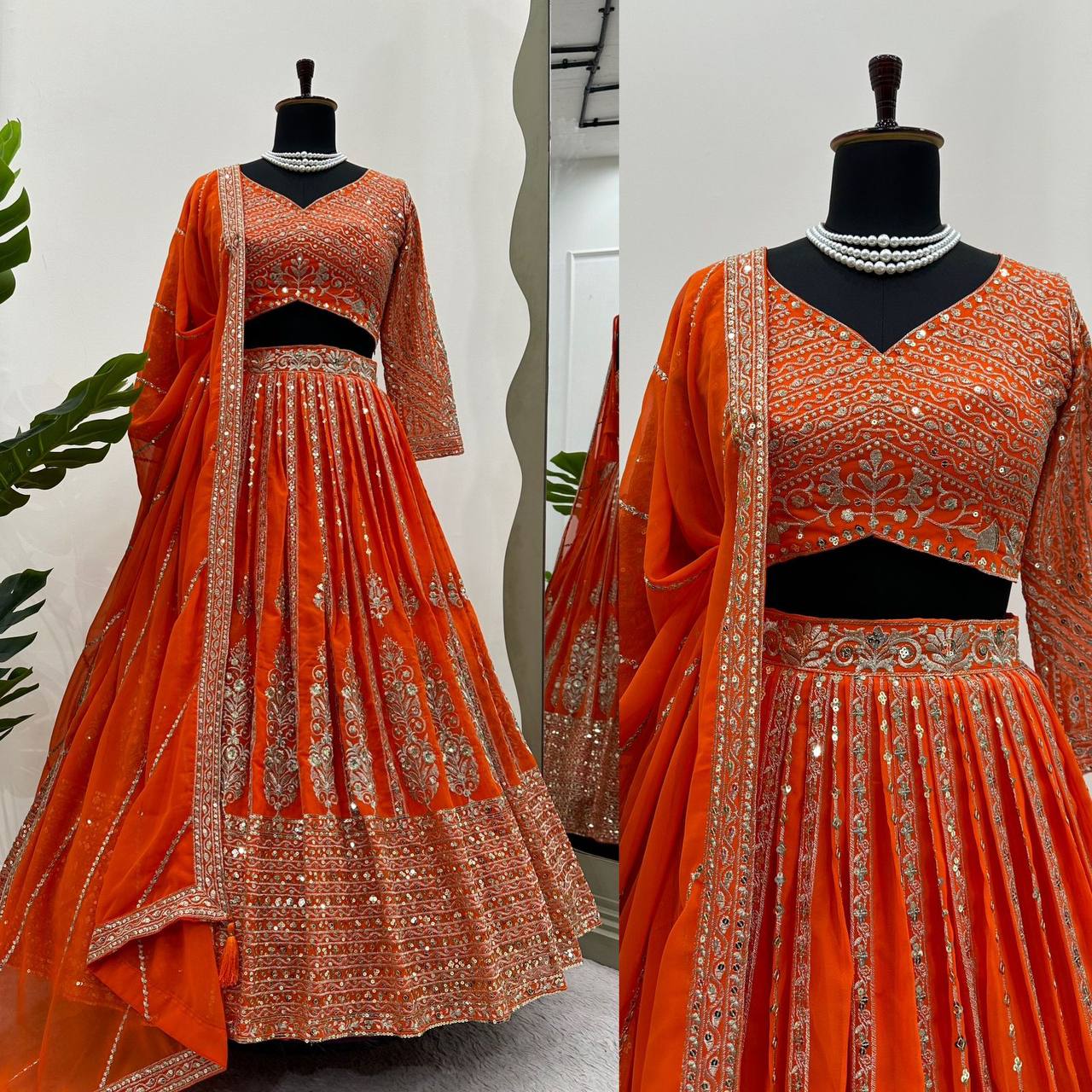 Unique Orange Color Sequence Thread Work Georgette Lehenga Choli