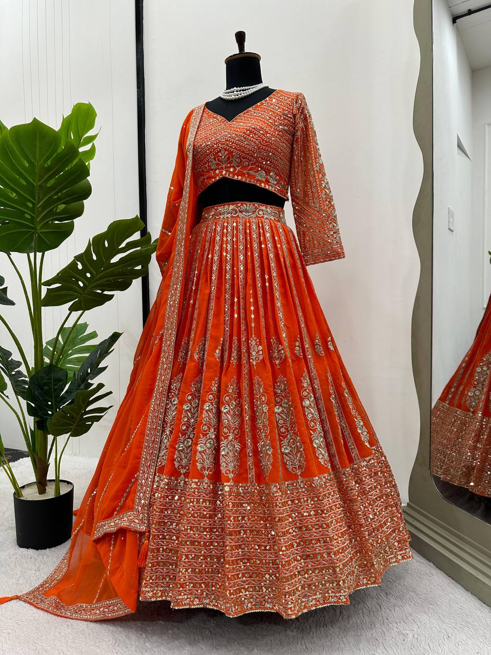 Unique Orange Color Sequence Thread Work Georgette Lehenga Choli