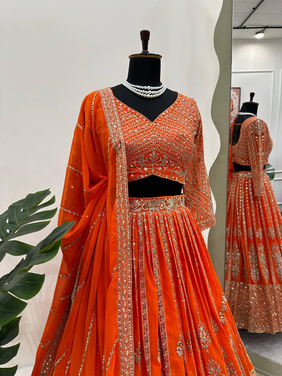 Unique Orange Color Sequence Thread Work Georgette Lehenga Choli