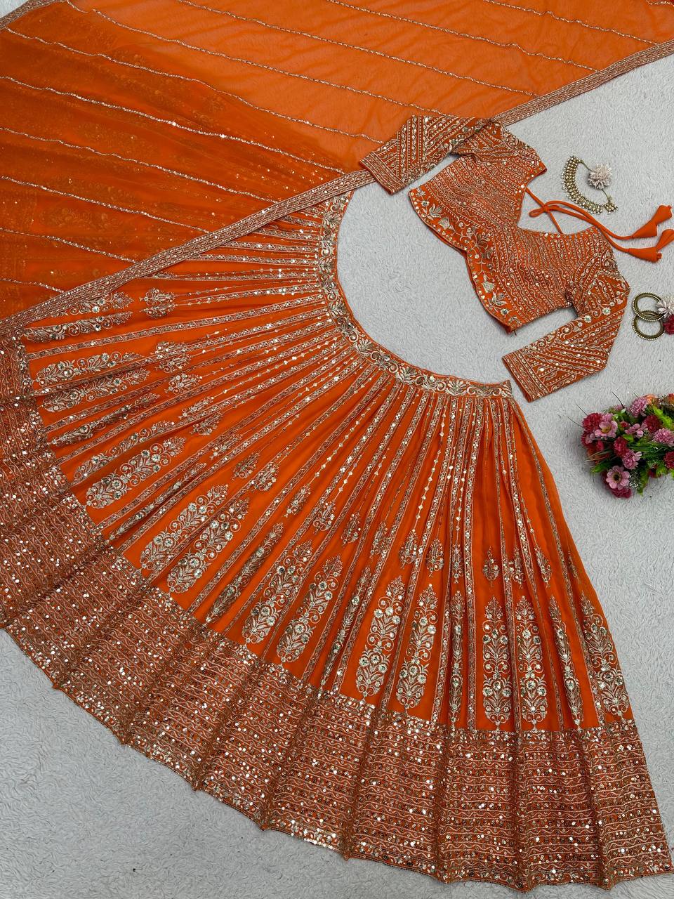 Unique Orange Color Sequence Thread Work Georgette Lehenga Choli