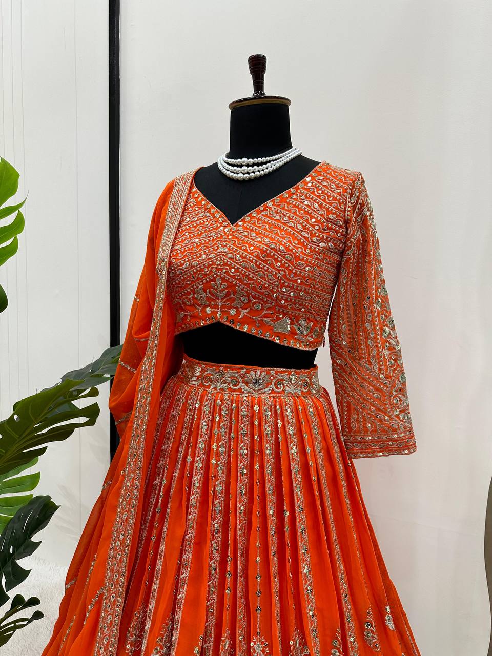 Unique Orange Color Sequence Thread Work Georgette Lehenga Choli