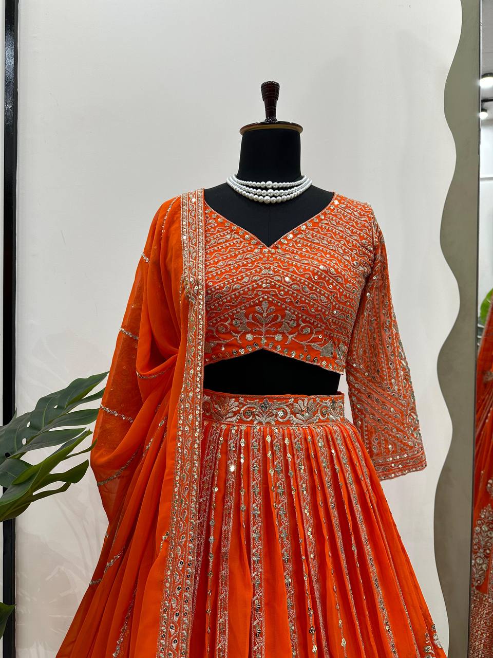 Unique Orange Color Sequence Thread Work Georgette Lehenga Choli