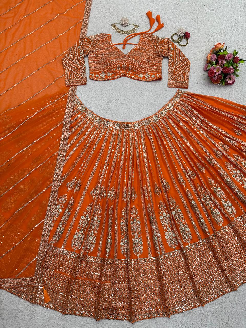 Unique Orange Color Sequence Thread Work Georgette Lehenga Choli