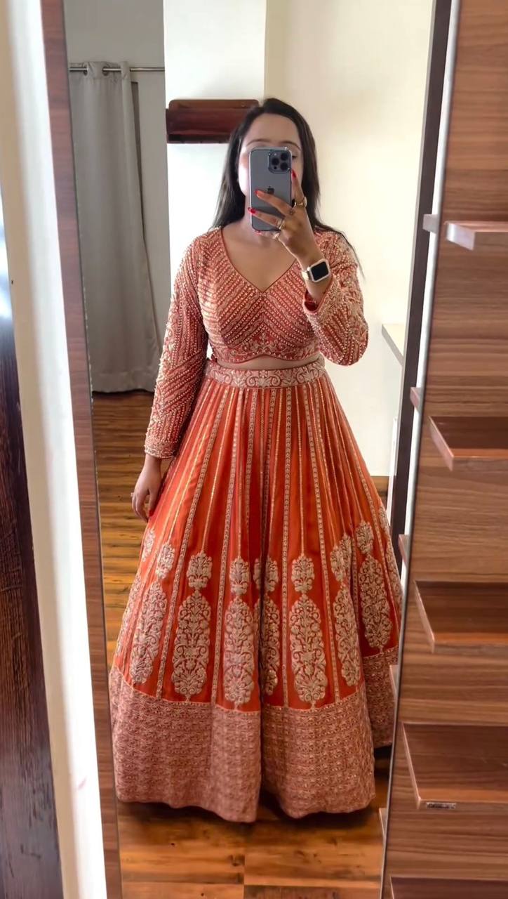 Unique Orange Color Sequence Thread Work Georgette Lehenga Choli