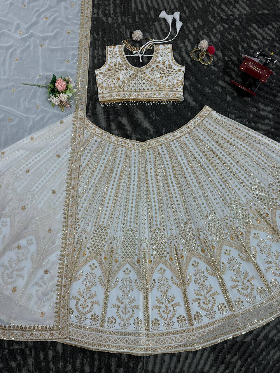 White Color Georgette Thread Sequence Work Lehenga Choli