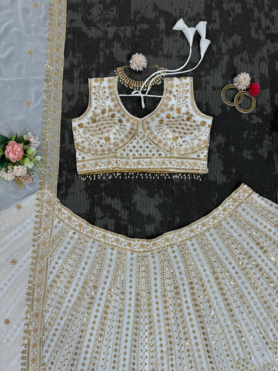 White Color Georgette Thread Sequence Work Lehenga Choli