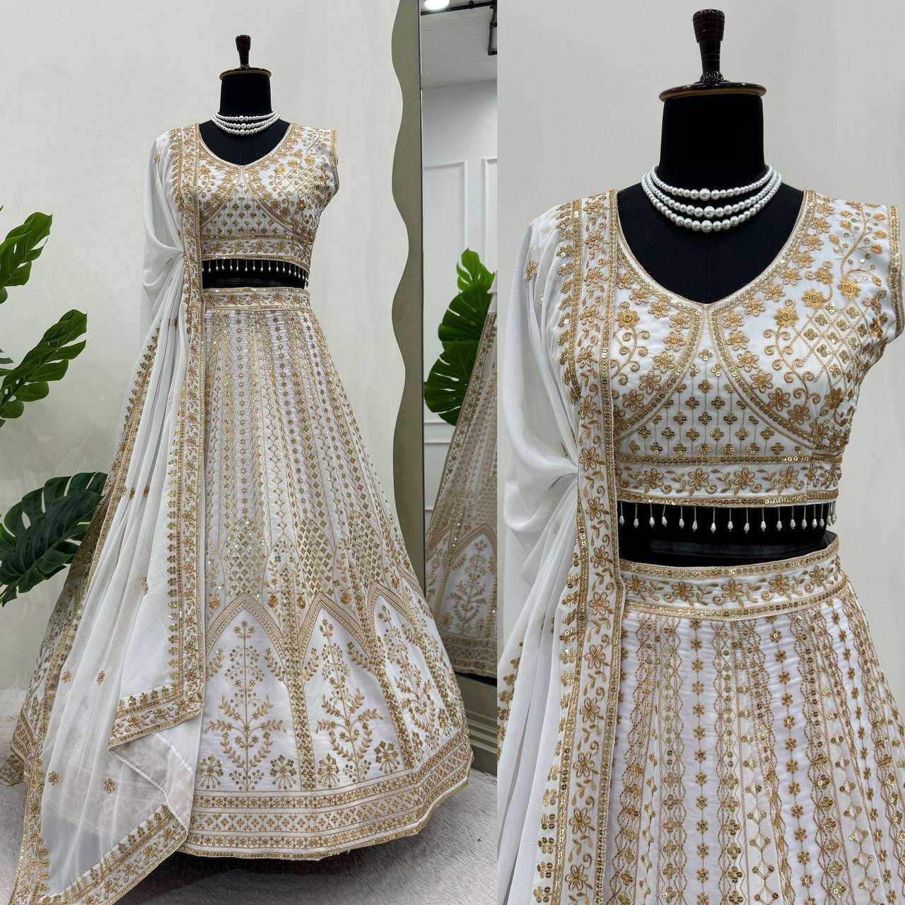 White Color Georgette Thread Sequence Work Lehenga Choli