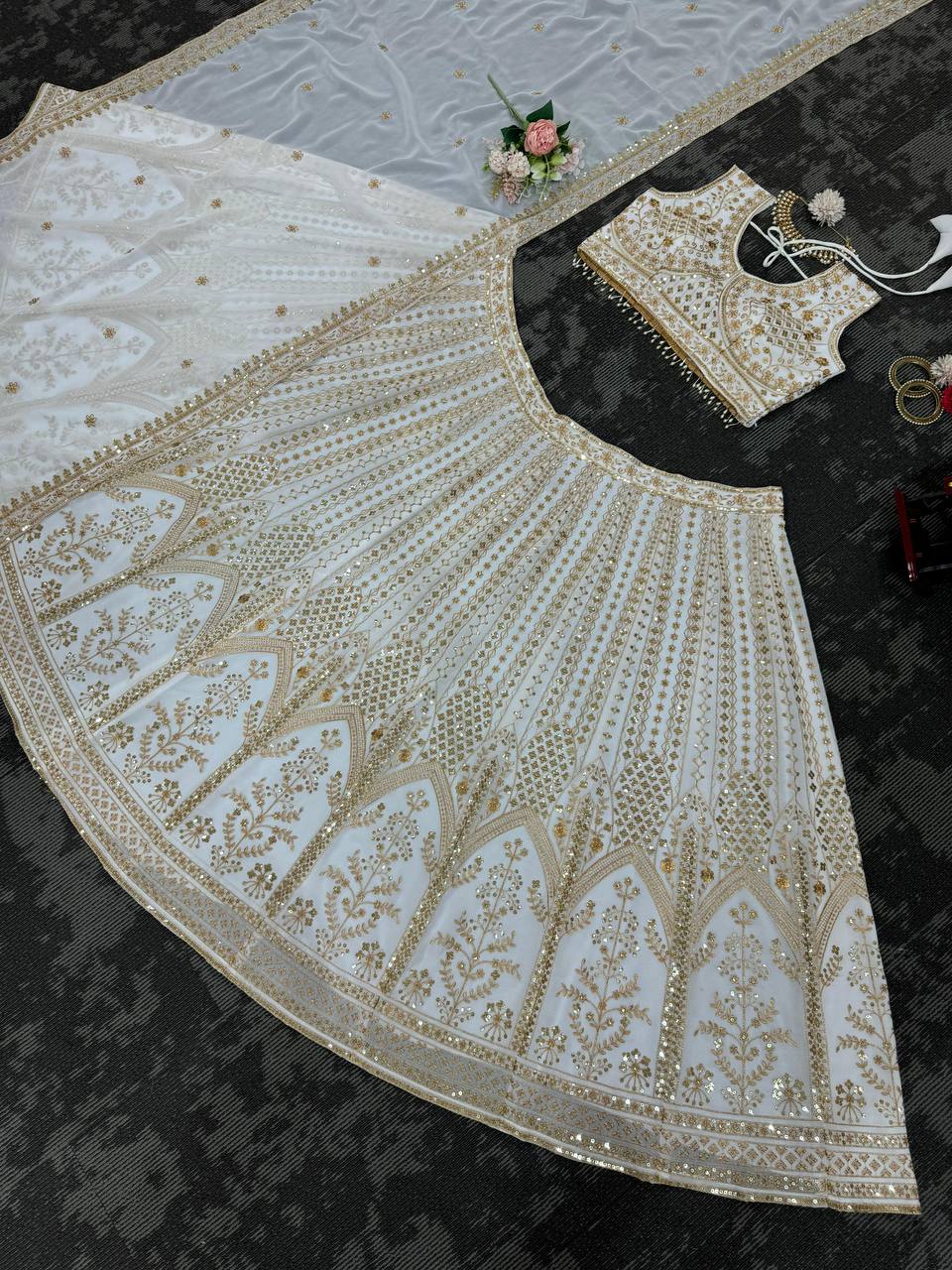 White Color Georgette Thread Sequence Work Lehenga Choli