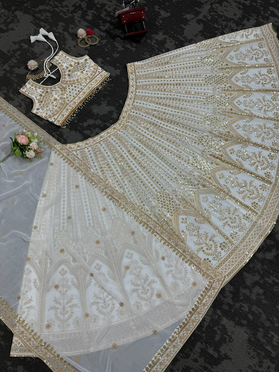 White Color Georgette Thread Sequence Work Lehenga Choli