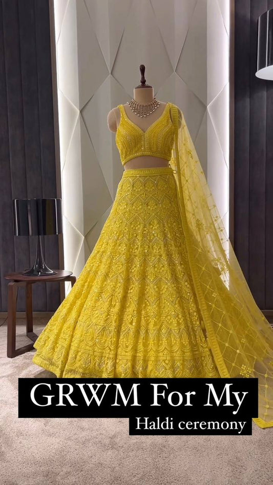 Trendy Yellow Color Faux Georgette Sequence Work Lehenga Choli