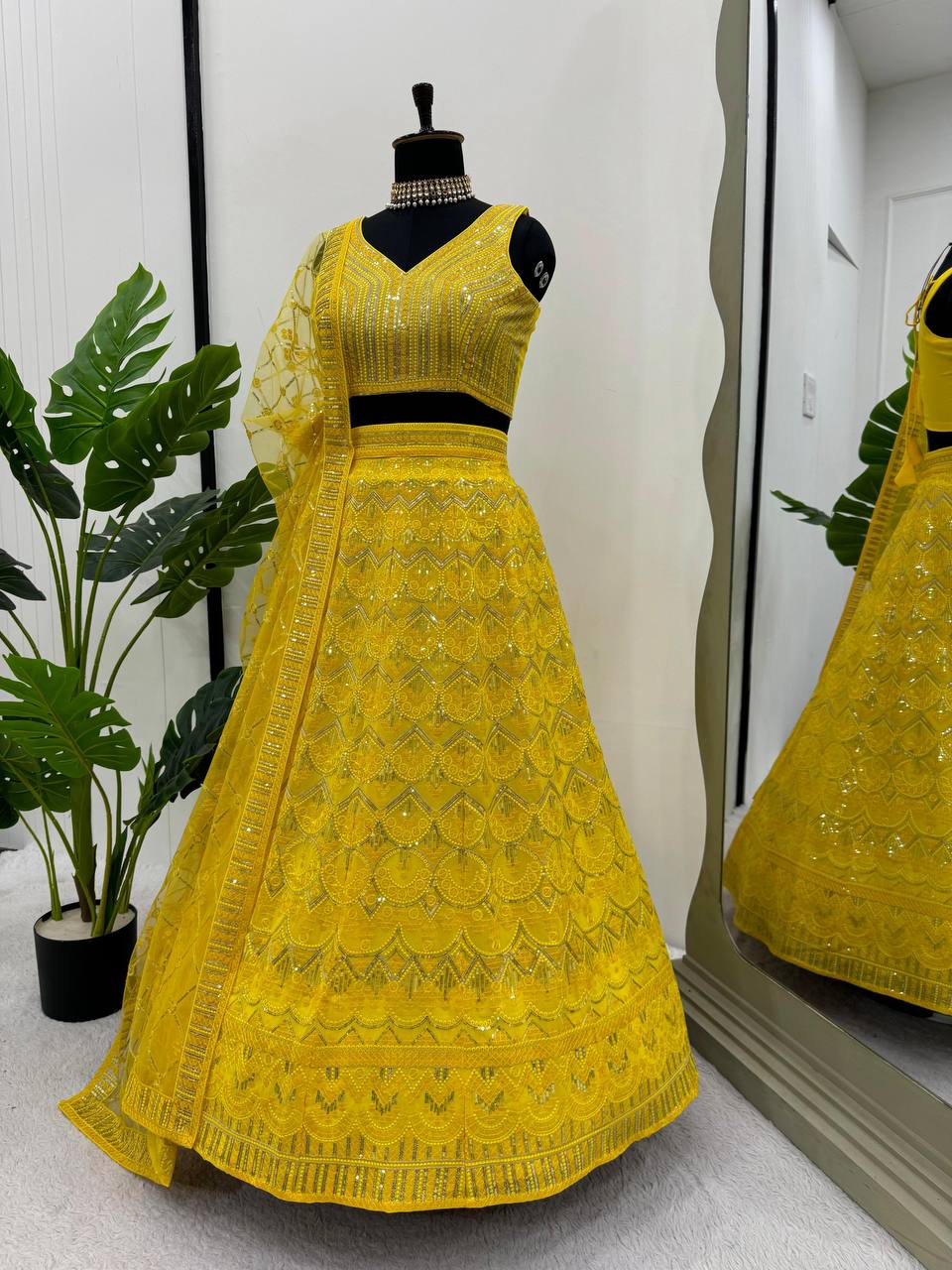 Trendy Yellow Color Faux Georgette Sequence Work Lehenga Choli