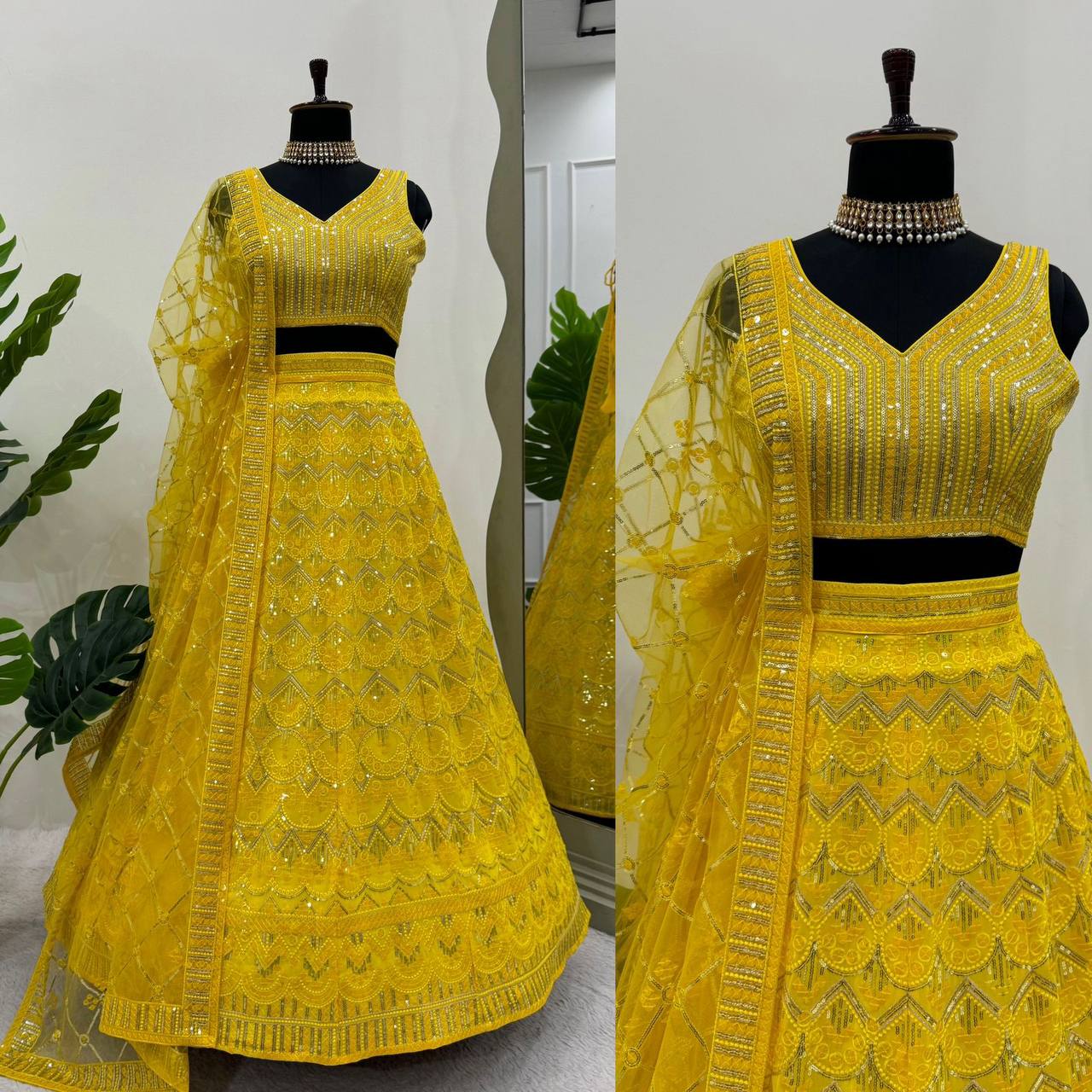 Trendy Yellow Color Faux Georgette Sequence Work Lehenga Choli