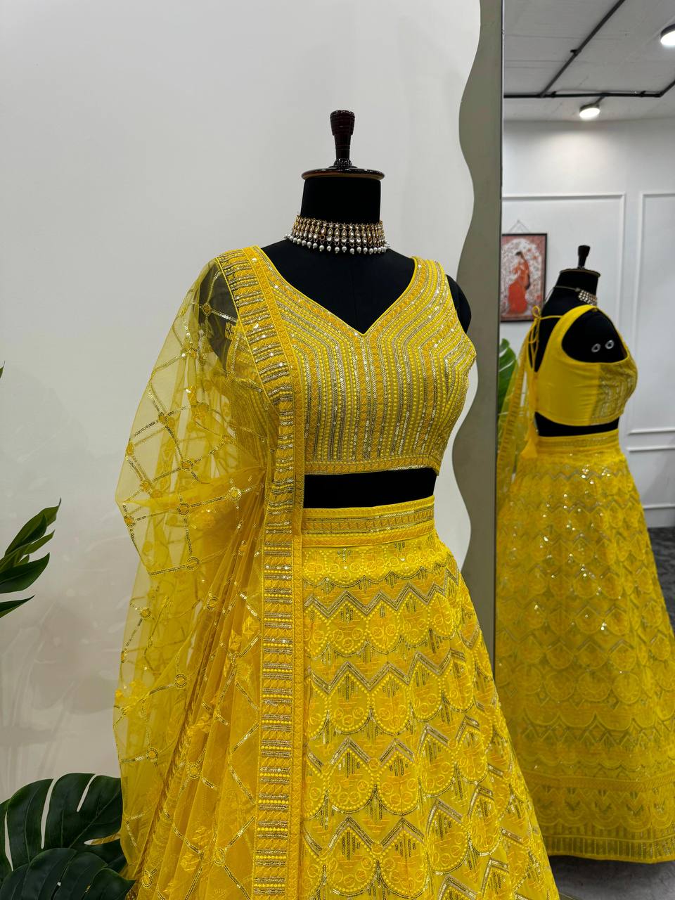 Trendy Yellow Color Faux Georgette Sequence Work Lehenga Choli