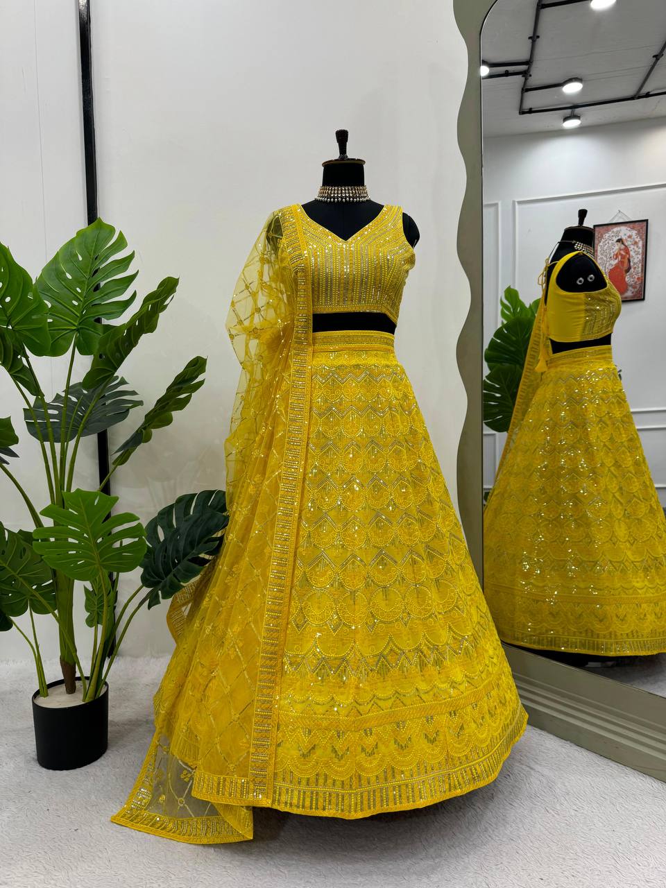 Trendy Yellow Color Faux Georgette Sequence Work Lehenga Choli