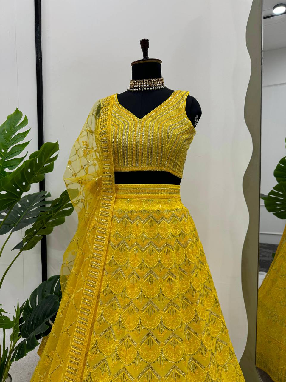 Trendy Yellow Color Faux Georgette Sequence Work Lehenga Choli