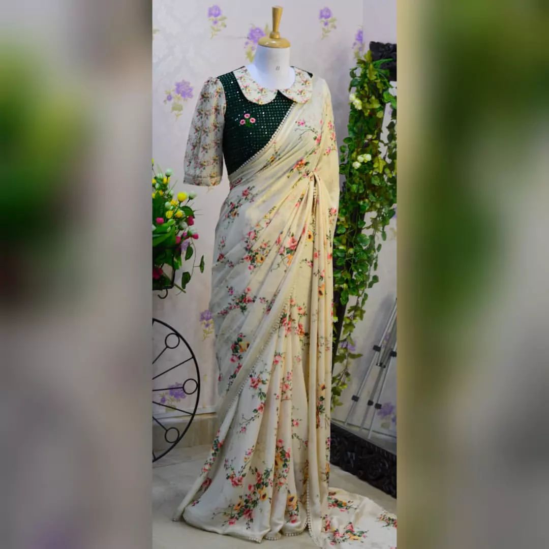 Attractive Heavy Georgette Saree With Floral Print And Lace Border