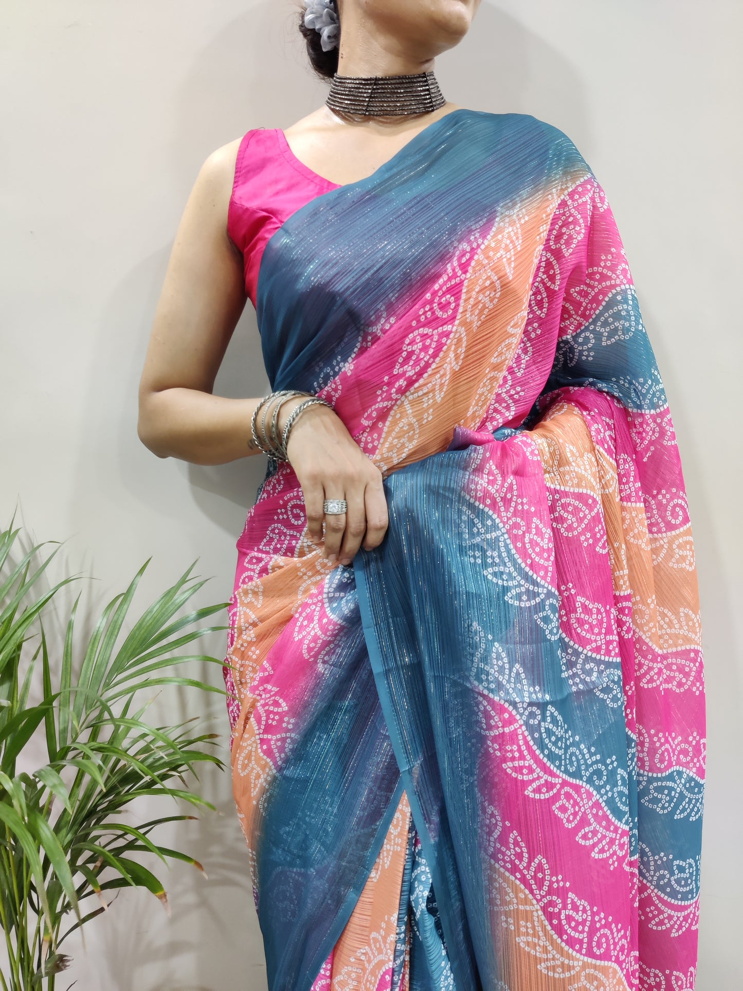 Georgette Weaving Golden zari Work All over Weaving Zari With Digital Print & Full Stitched Ready to Wear 1 Minute Saree