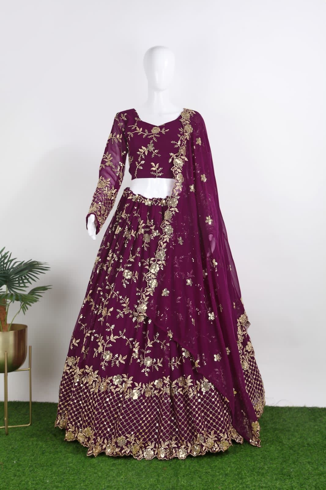 Wine Color Georgette Embroidered Sequence Work Lehenga Choli