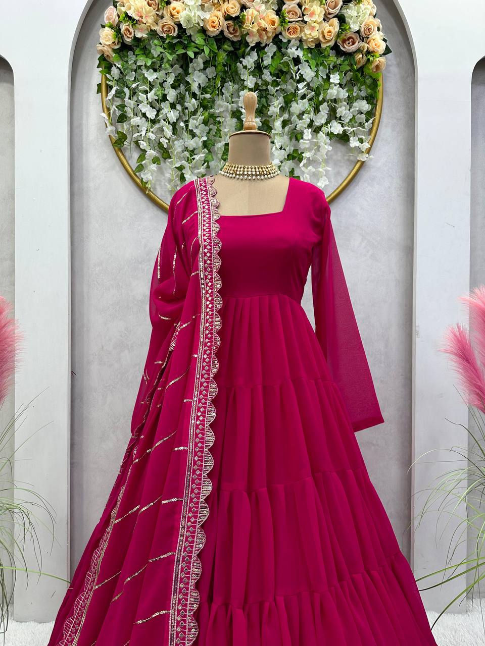 Magenta Color Georgette Ruffle Work Ready Made Gown Dupatta