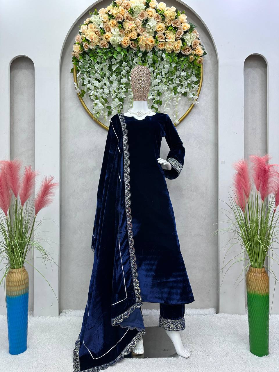 Jazzy Blue Color Velvet Sequence Work Salwar Suit For Party Wear