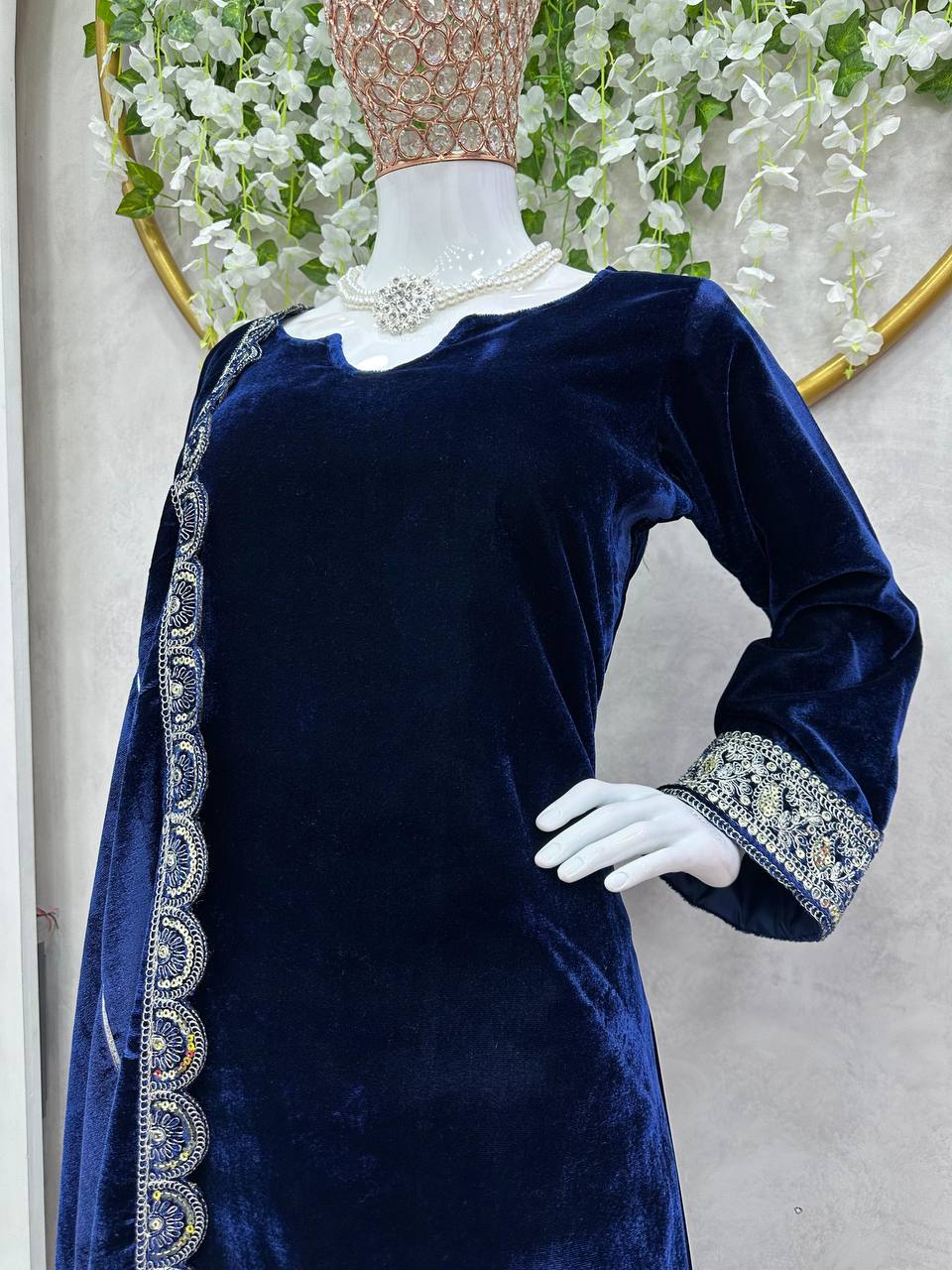 Jazzy Blue Color Velvet Sequence Work Salwar Suit For Party Wear