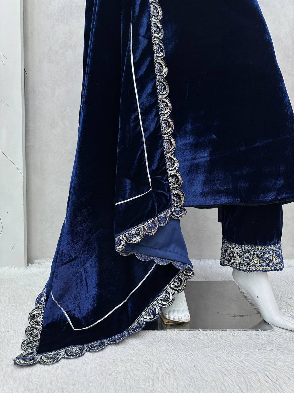 Jazzy Blue Color Velvet Sequence Work Salwar Suit For Party Wear