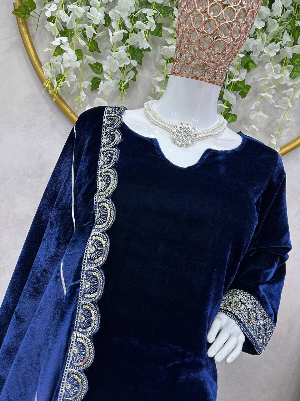 Jazzy Blue Color Velvet Sequence Work Salwar Suit For Party Wear