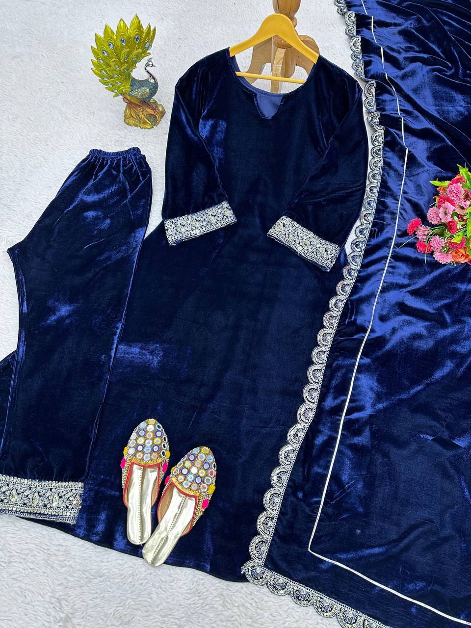 Jazzy Blue Color Velvet Sequence Work Salwar Suit For Party Wear