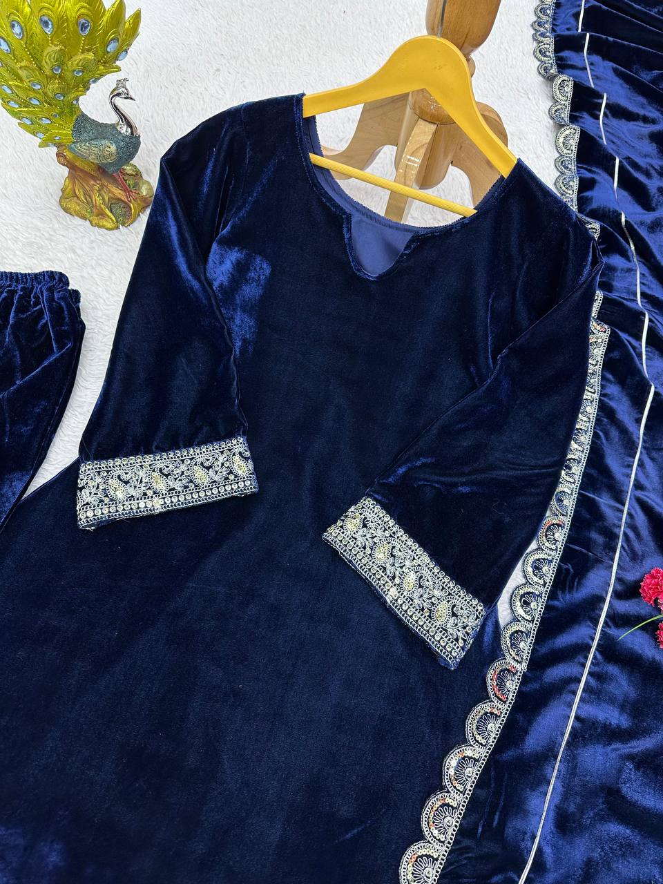 Jazzy Blue Color Velvet Sequence Work Salwar Suit For Party Wear