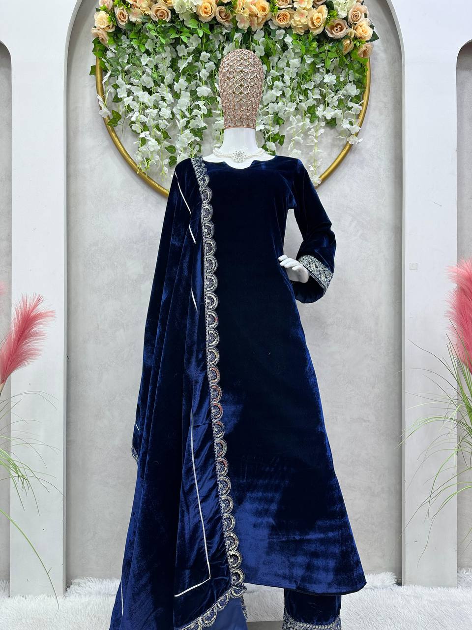 Jazzy Blue Color Velvet Sequence Work Salwar Suit For Party Wear