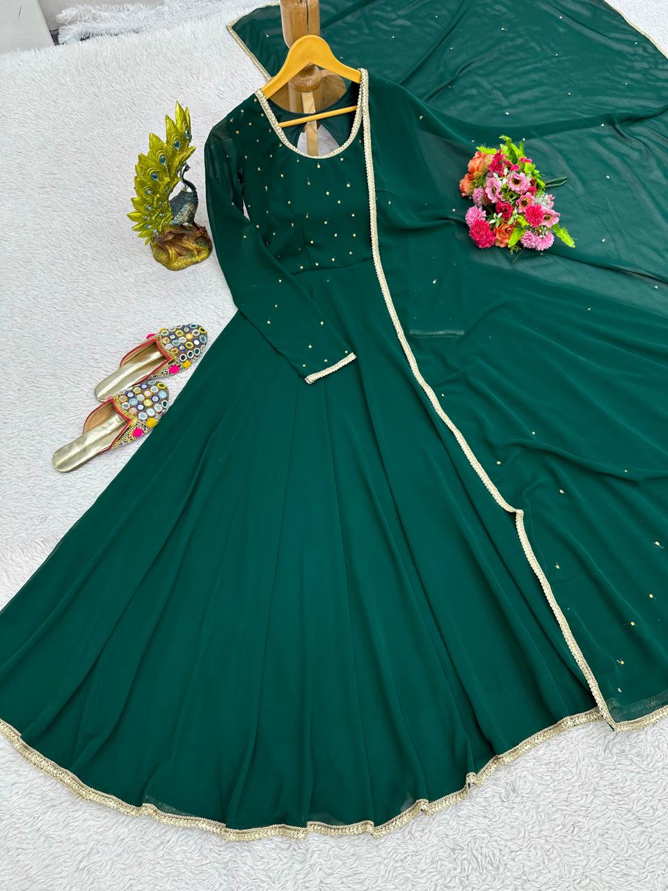 Stunning Green Color Georgette Diamond Work Gown Dupatta