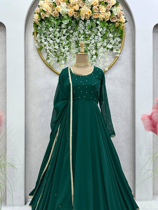 Stunning Green Color Georgette Diamond Work Gown Dupatta