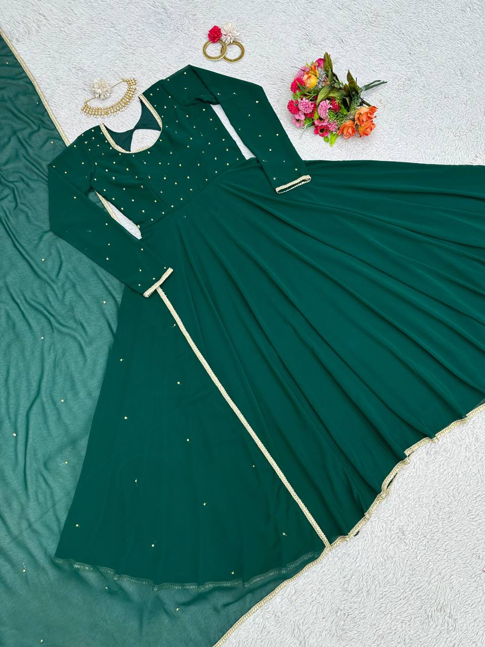 Stunning Green Color Georgette Diamond Work Gown Dupatta