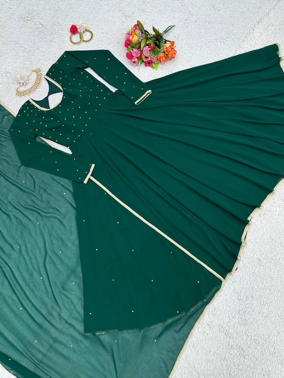 Stunning Green Color Georgette Diamond Work Gown Dupatta