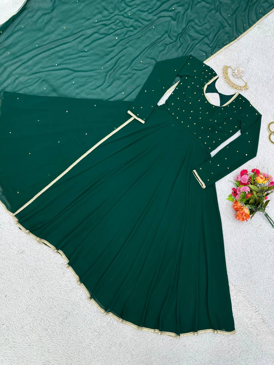 Stunning Green Color Georgette Diamond Work Gown Dupatta