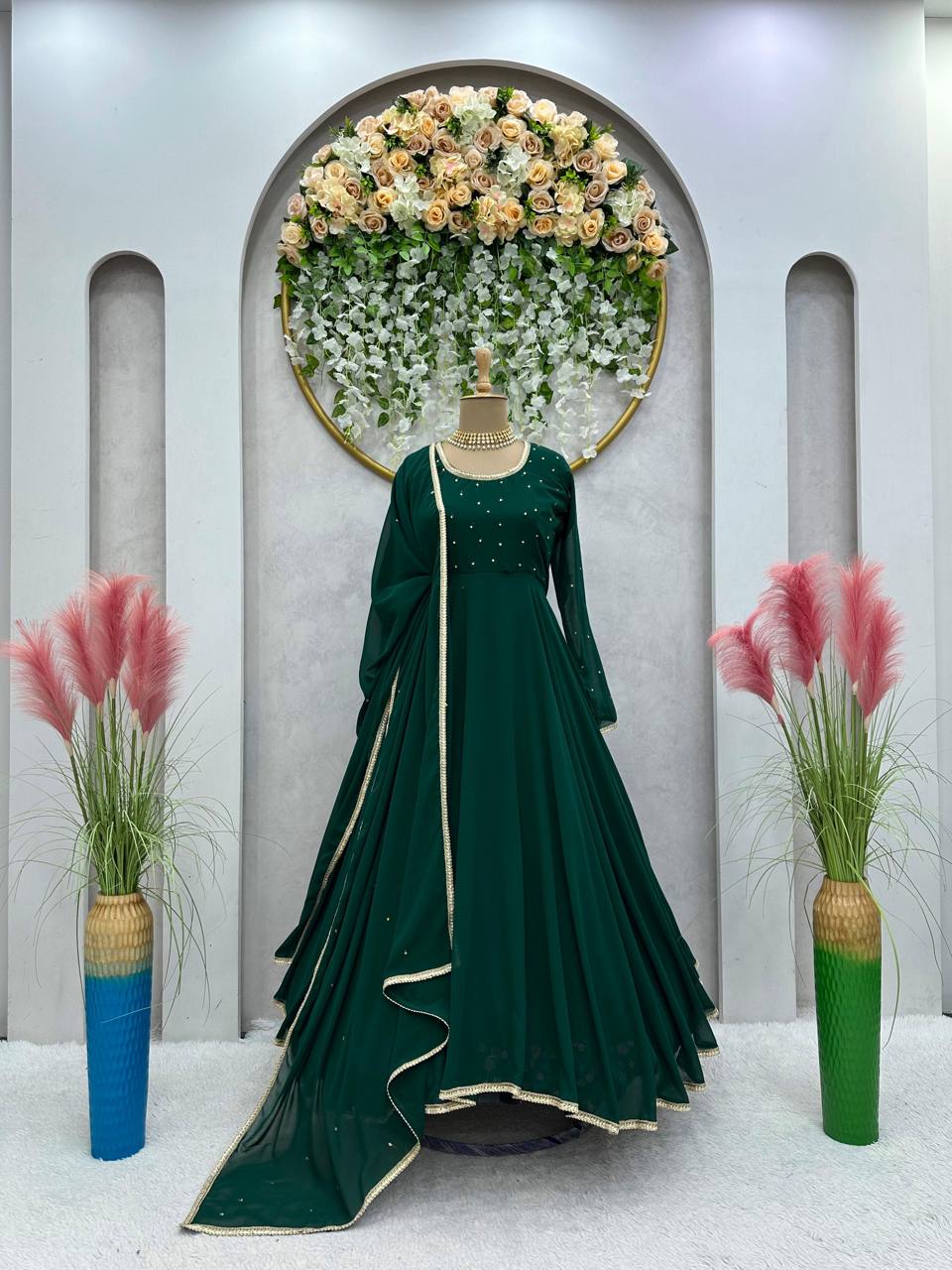 Stunning Green Color Georgette Diamond Work Gown Dupatta