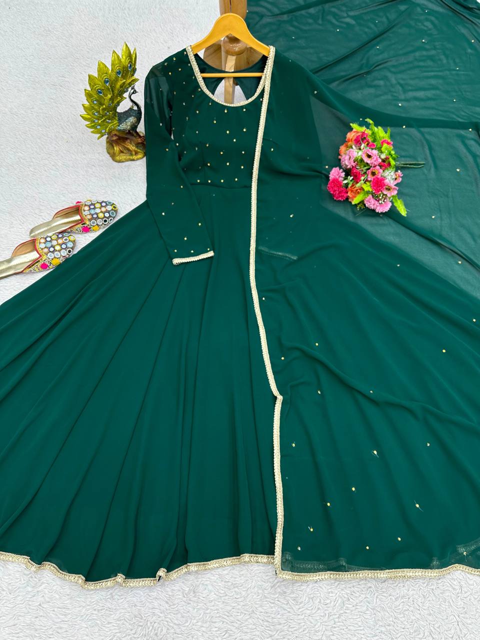 Stunning Green Color Georgette Diamond Work Gown Dupatta