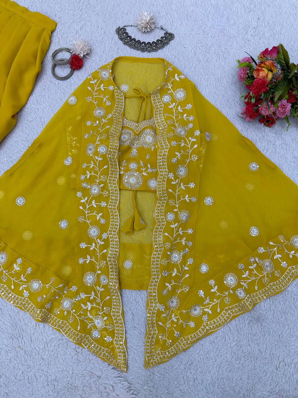 Attractive Mustard Color Georgette Sequence Work Indo Western Suit