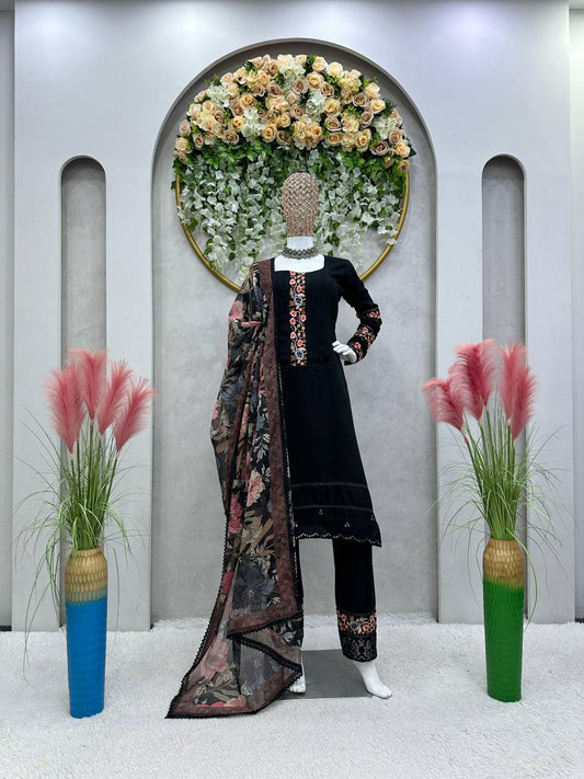 Radiant Black Color Maslin Sequence Thread Work Salwar Suit