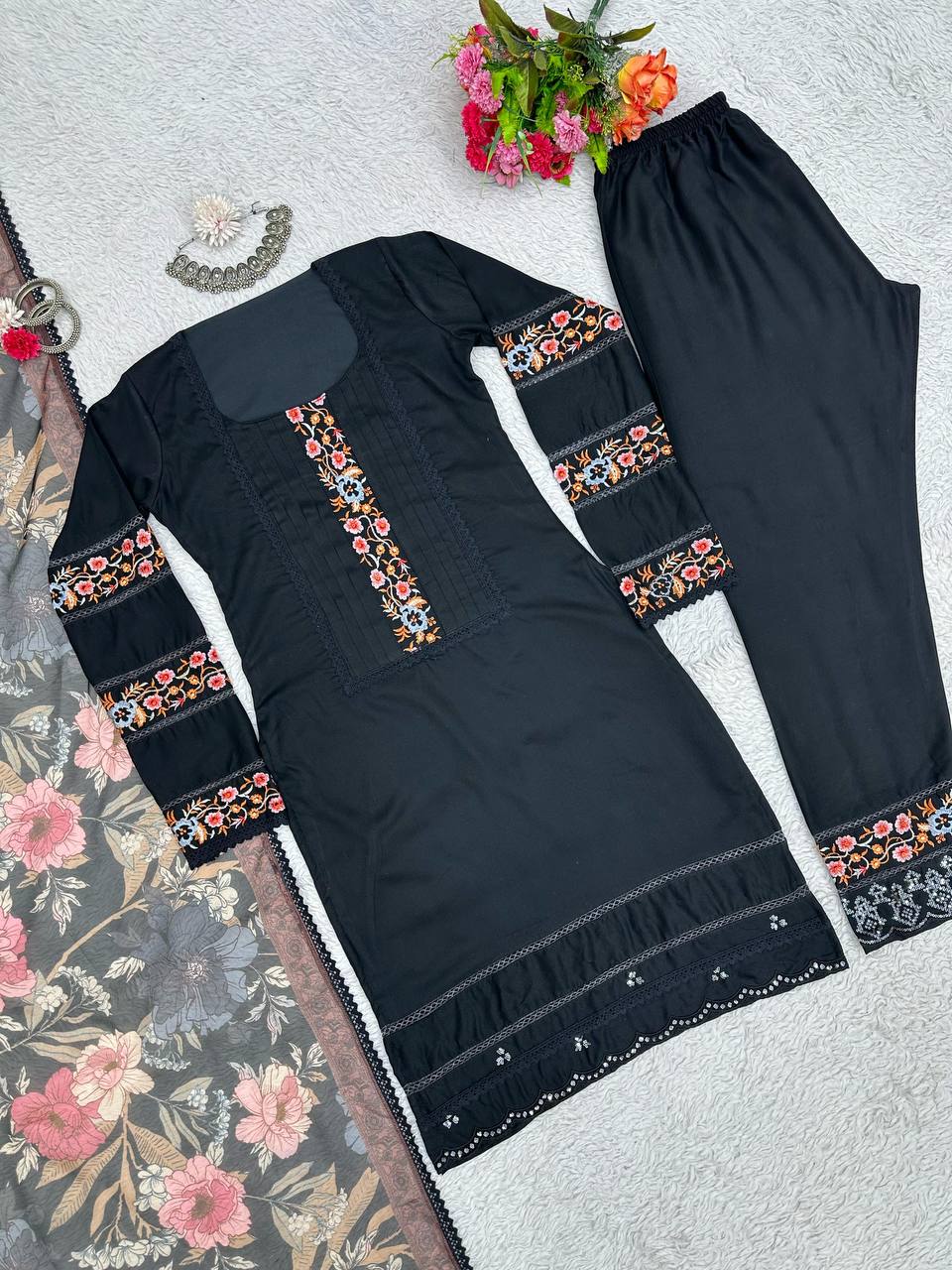 Radiant Black Color Maslin Sequence Thread Work Salwar Suit